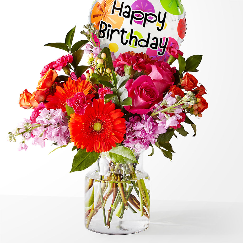 Fiesta Bouquet with Birthday Balloon – GARRISON DESIGNS FLORIST & INTERIORS, Huntington WV