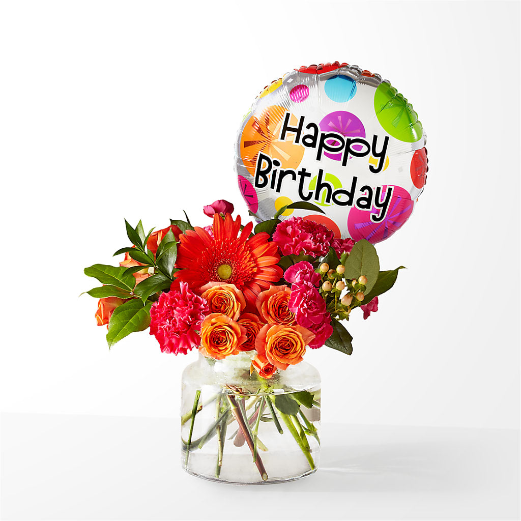 Fiesta Bouquet with Birthday Balloon – GARRISON DESIGNS FLORIST & INTERIORS, Huntington WV