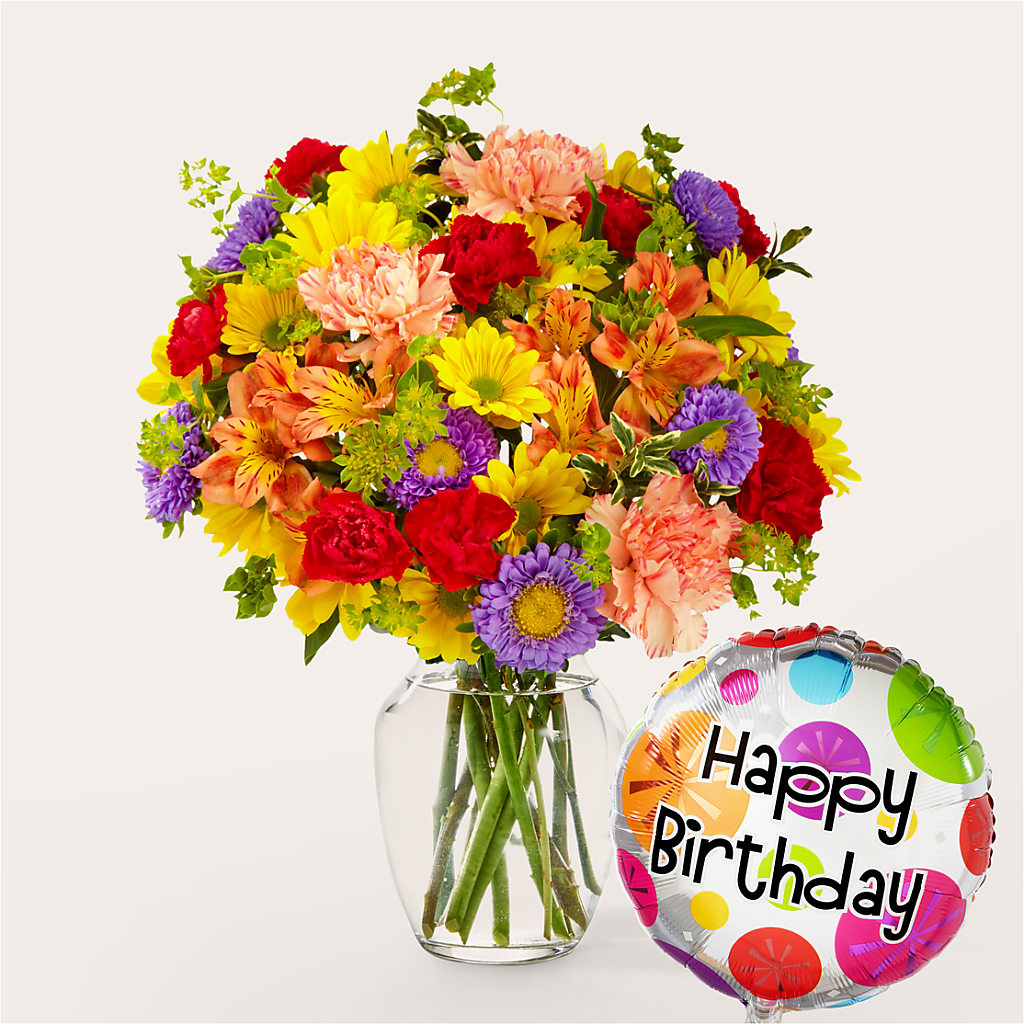 Kaleidoscope Bouquet with Birthday Balloon – GARRISON DESIGNS FLORIST & INTERIORS, Huntington WV