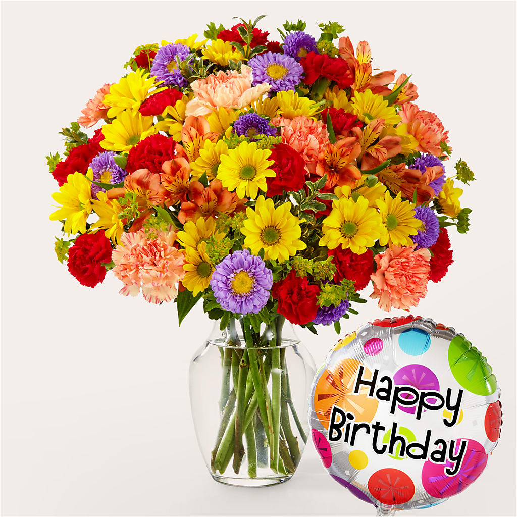 Kaleidoscope Bouquet with Birthday Balloon – GARRISON DESIGNS FLORIST & INTERIORS, Huntington WV