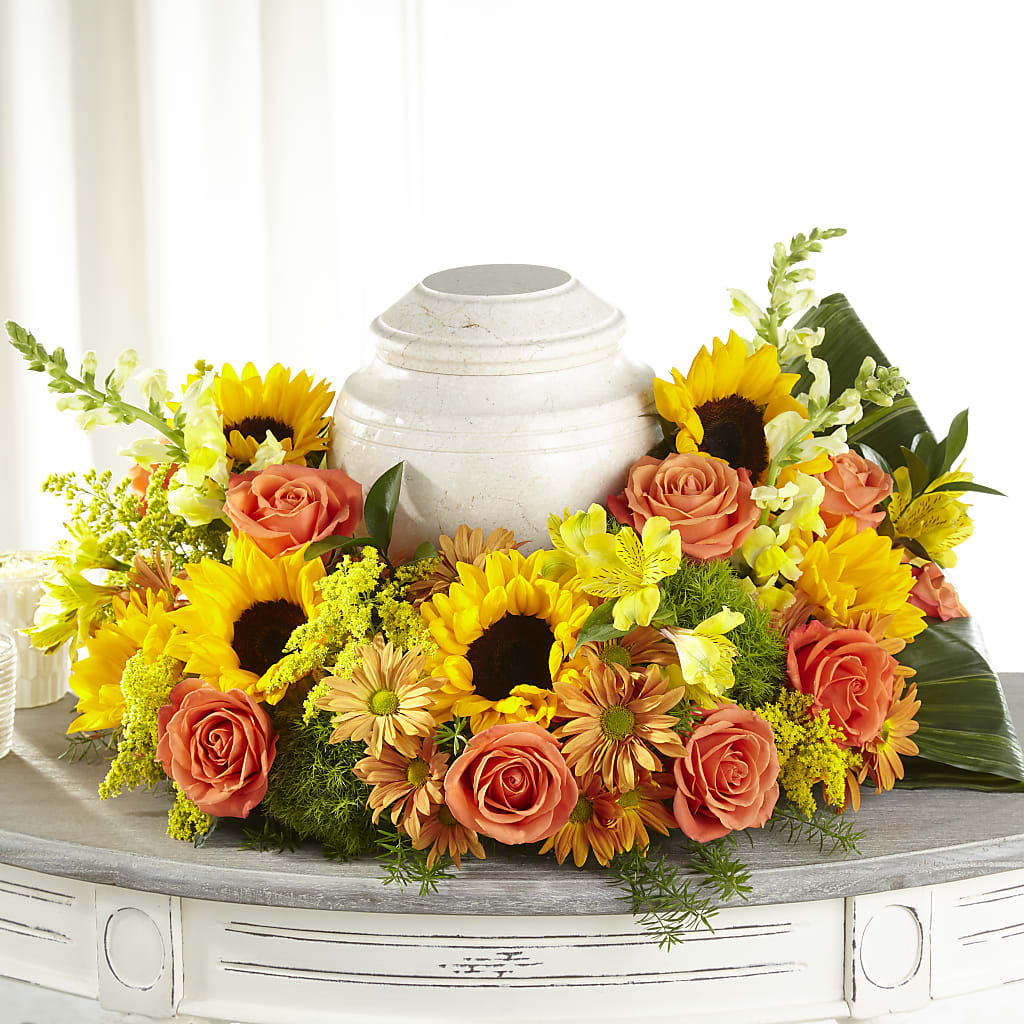 Faithful Sunflower Cremation Adornment – GARRISON DESIGNS FLORIST & INTERIORS, Huntington WV