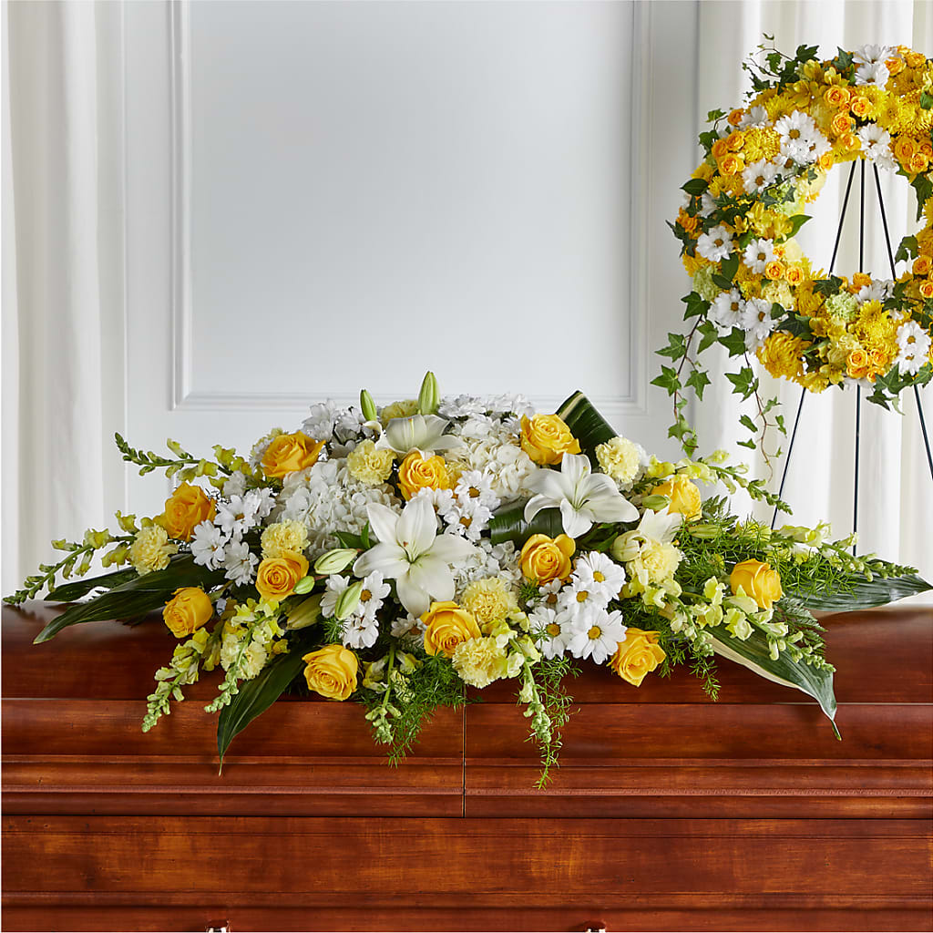 Golden Harmony Casket Spray – GARRISON DESIGNS FLORIST & INTERIORS, Huntington WV
