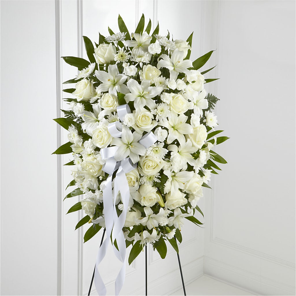 Exquisite Tribute Standing Spray-White Ribbon – GARRISON DESIGNS FLORIST & INTERIORS, Huntington WV