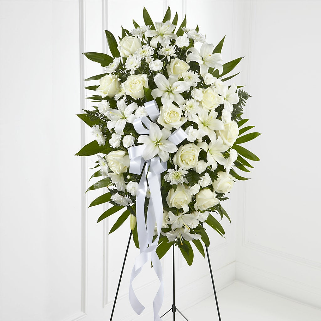 Exquisite Tribute Standing Spray-White Ribbon – GARRISON DESIGNS FLORIST & INTERIORS, Huntington WV