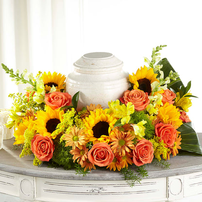 Faithful Sunflower Cremation Adornment – GARRISON DESIGNS FLORIST & INTERIORS, Huntington WV